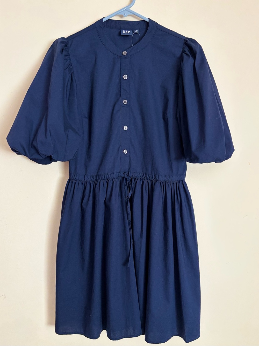 GAP Navy Button-Front Puff Sleeve Dress with drawsting waistline